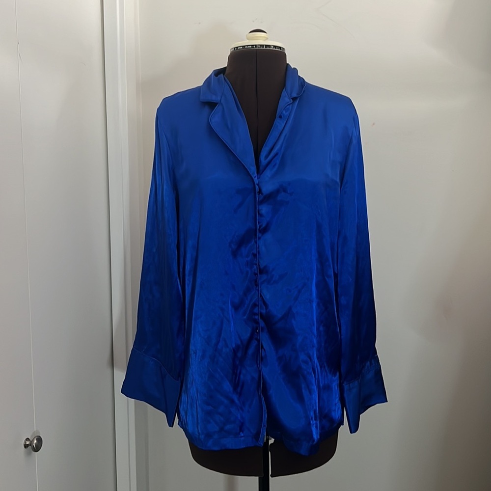 Deep Royal Blue Pajama Sleep Blouse Lingerie Sleep top button up​